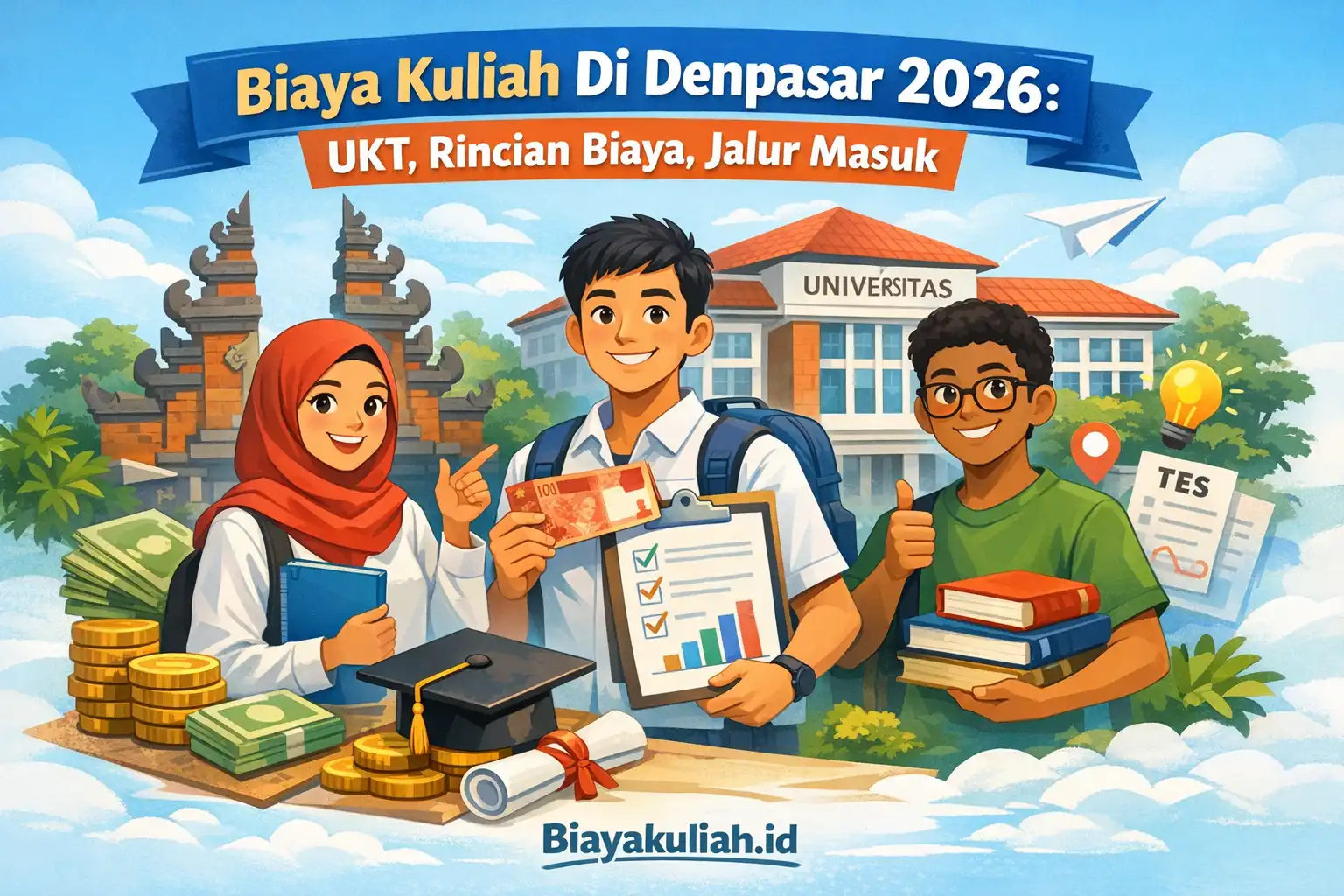 Ilustrasi kampus dan perhitungan biaya kuliah di Denpasar 2026