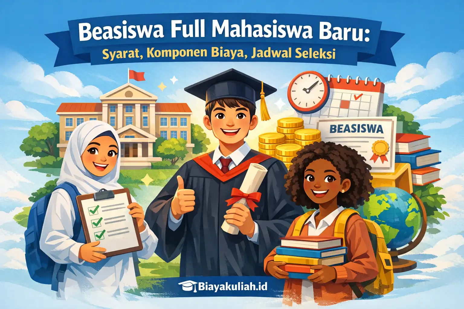Ilustrasi mahasiswa mencari beasiswa full mahasiswa baru