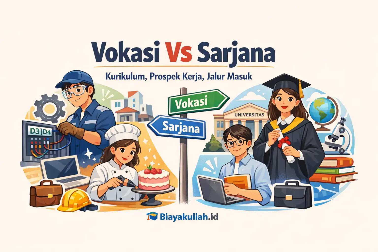 Ilustrasi memilih jalur kuliah vokasi vs sarjana